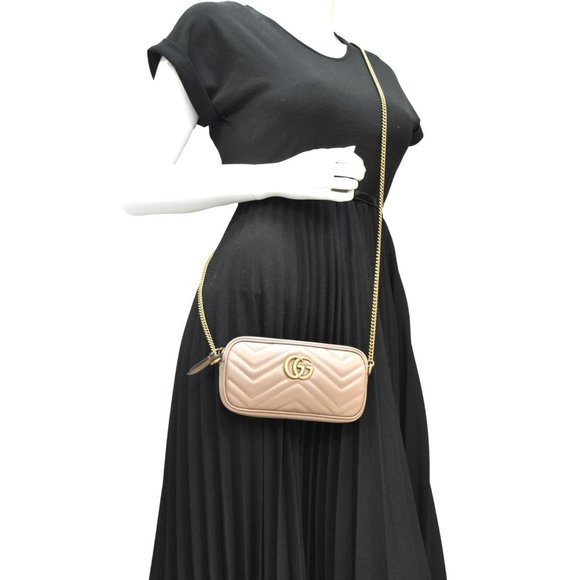 GUCCI  Mini GG Marmont Chain Leather Crossbody Bag Dusty Pink - Picture 2 of 13